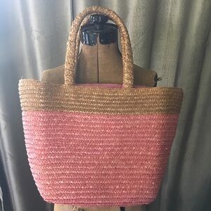 Pink and Tan Straw Beach Bag